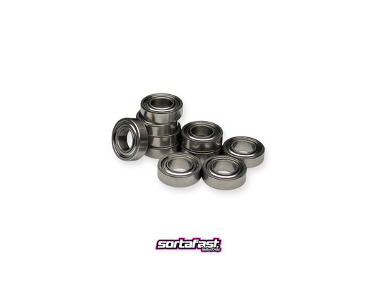 Ten-pack of Sortafast 5x10x3mm hybrid ceramic bearings shown on a white background with Sortafast logo for branding