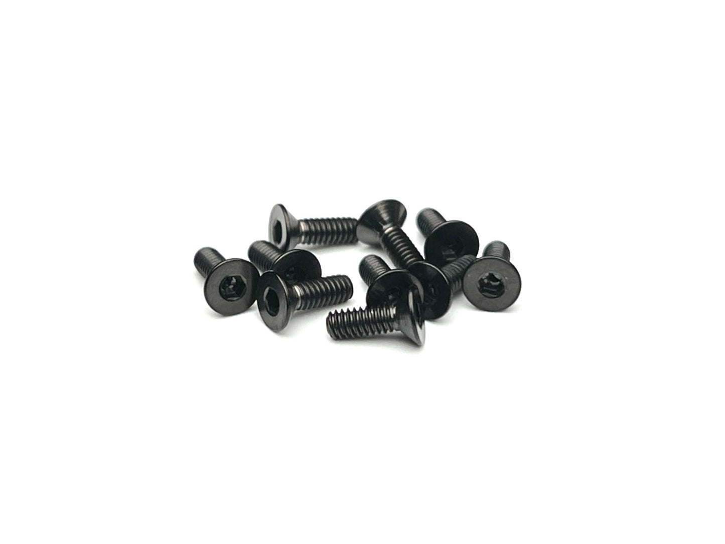 Sortafast M2 stealth black titanium countersunk screws – 10pk Grade 5 (6Al-4V) with 1.5 mm hex drive and flush fit design for 1/28-scale RC cars.