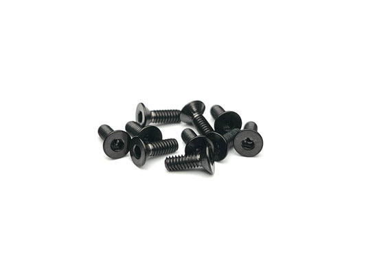 Sortafast M2 stealth black titanium countersunk screws – 10pk Grade 5 (6Al-4V) with 1.5 mm hex drive and flush fit design for 1/28-scale RC cars.