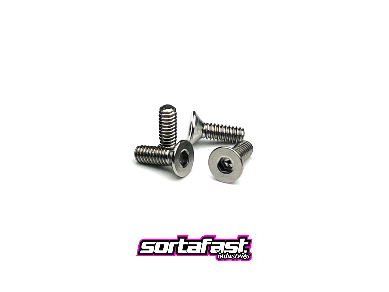 Sortafast M2 natural titanium countersunk screws – 4pk Grade 5 (6Al-4V) with 1.5 mm hex drive and flush fit design for 1/28-scale RC cars.
