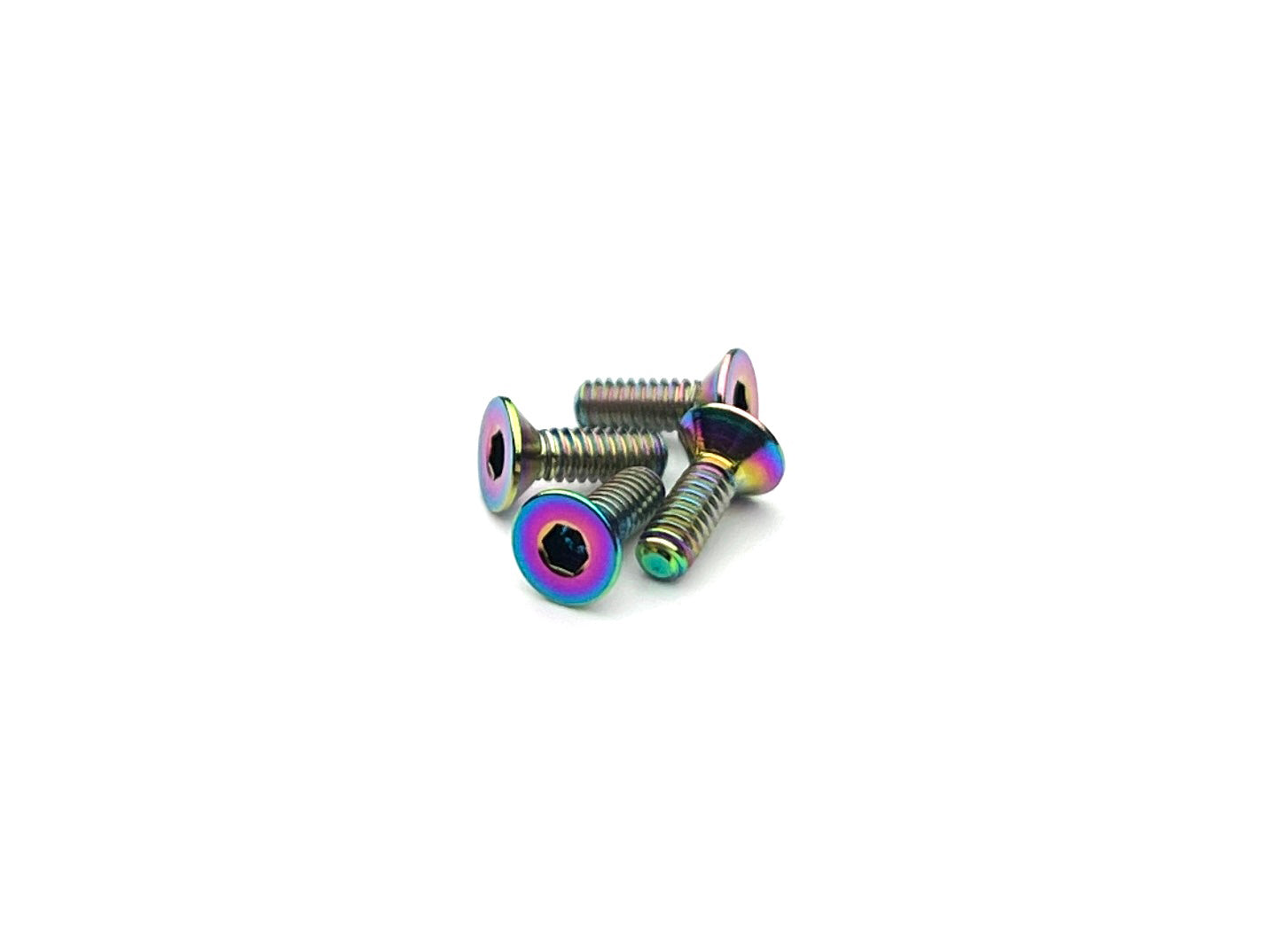 Sortafast M2 oil slick titanium countersunk screws – 4pk Grade 5 (6Al-4V) with 1.5 mm hex drive and flush fit design for 1/28-scale RC cars.
