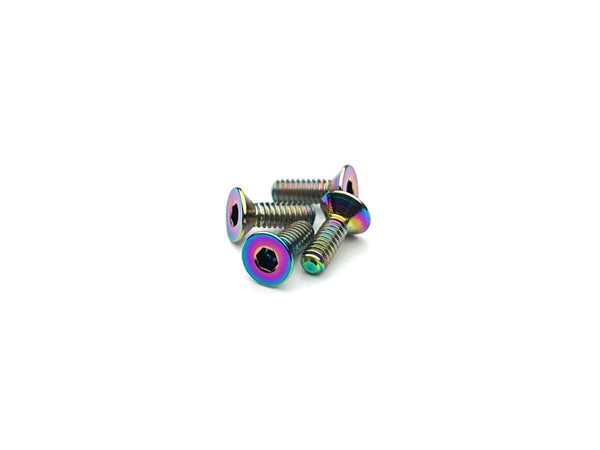 Sortafast M2 oil slick titanium countersunk screws – 4pk Grade 5 (6Al-4V) with 1.5 mm hex drive and flush fit design for 1/28-scale RC cars.