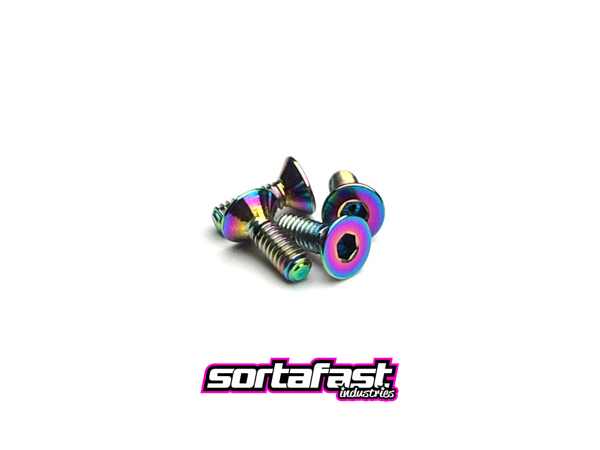Sortafast M2 oil slick titanium countersunk screws – 4pk Grade 5 (6Al-4V) with 1.5 mm hex drive and flush fit design for 1/28-scale RC cars.