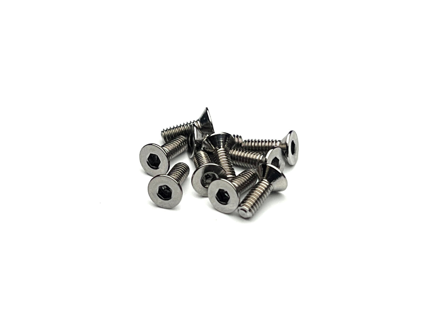 Sortafast M2 natural titanium countersunk screws – 10pk Grade 5 (6Al-4V) with 1.5 mm hex drive and flush fit design for 1/28-scale RC cars.