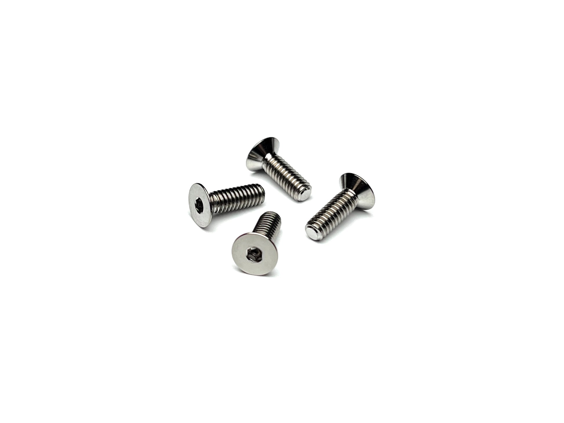 Sortafast 100° titanium countersunk screws – 8-32 thread, natural finish, set of four on white background