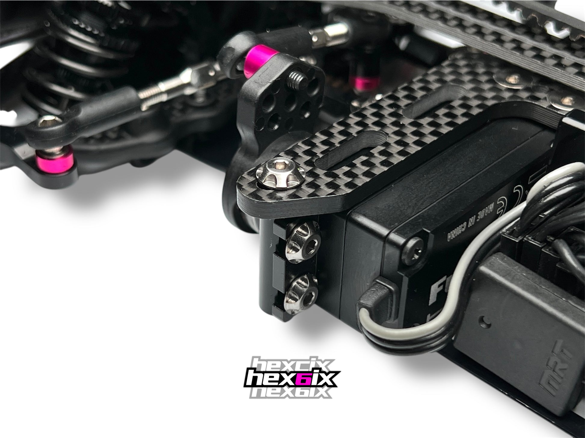 Hexcix King Head titanium screws installed as servo mounts on an RC chassis