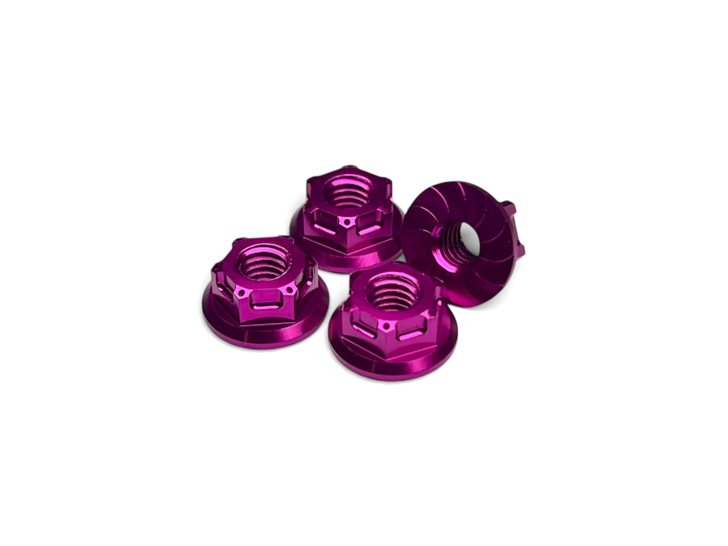 Sortafast M4 Hexcix flanged aluminum RC wheel nuts in natural clear anodized finish with serrated flange, 4-piece pack.