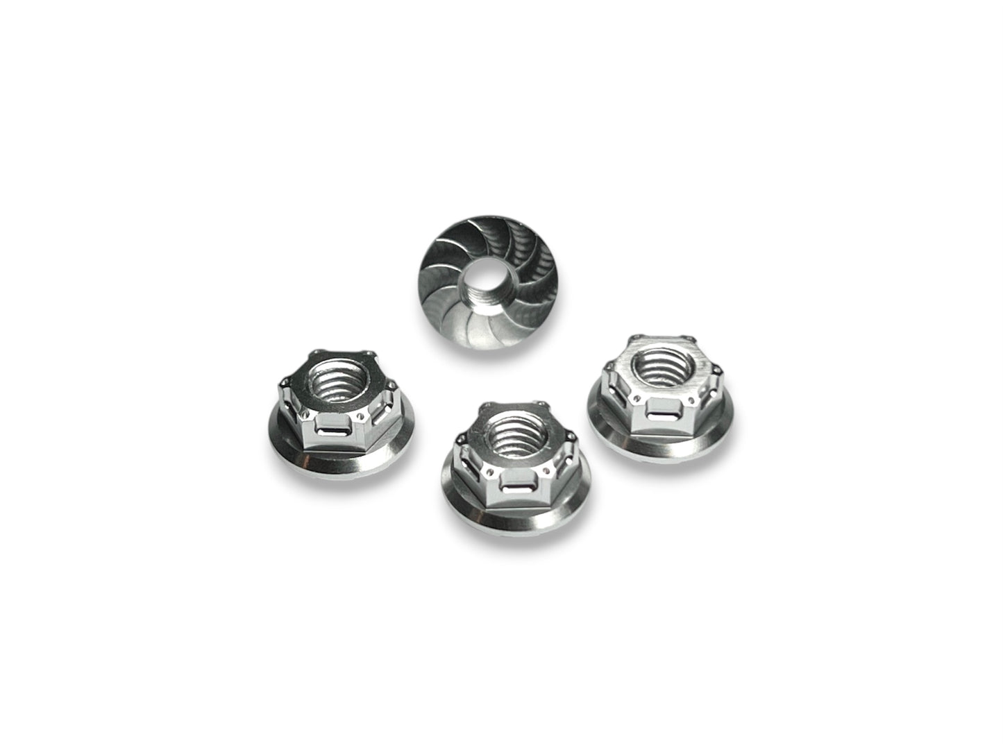 Sortafast M4 Hexcix flanged aluminum nuts in natural clear anodized finish with serrated flange, 4-piece pack.