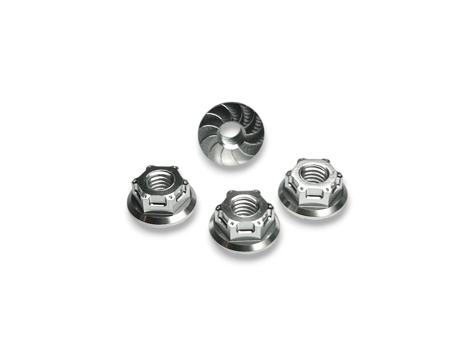 Sortafast M4 Hexcix flanged aluminum nuts in natural clear anodized finish with serrated flange, 4-piece pack.
