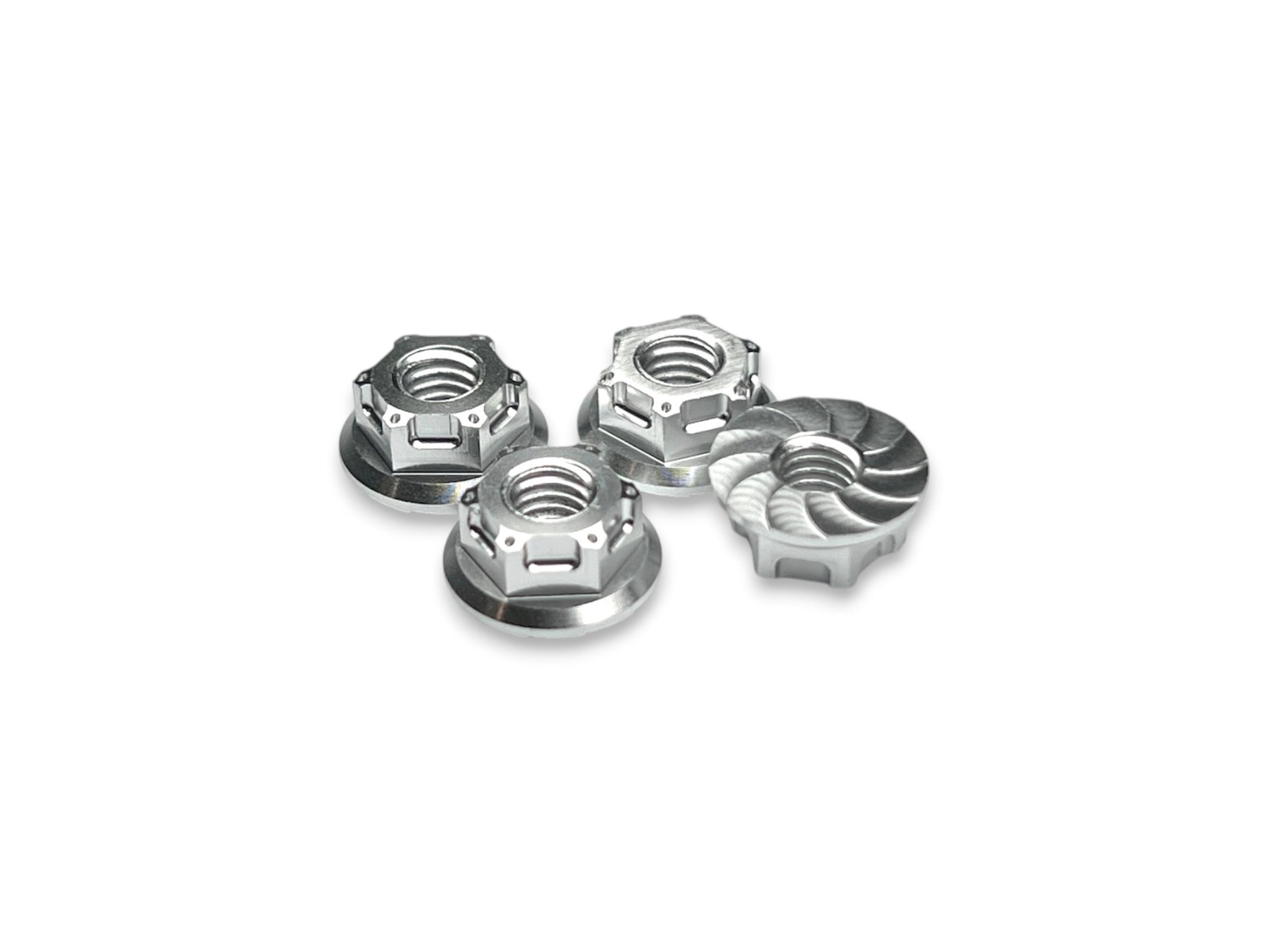 Sortafast M4 Hexcix flanged aluminum nuts in natural clear anodized finish with serrated flange, 4-piece pack.