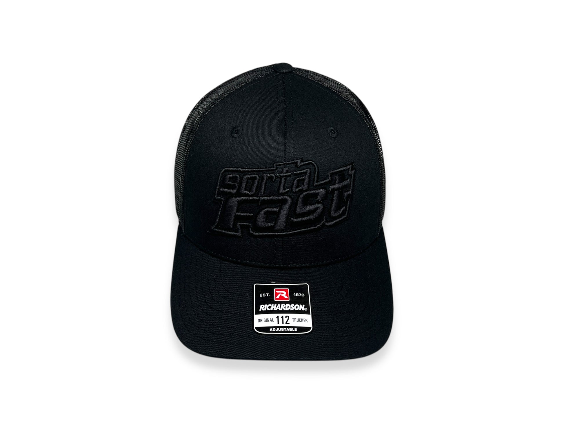Sortafast "Jacked Up" Trucker Hat – Richardson 112 with black-on-black embroidered logo, front view on white background.