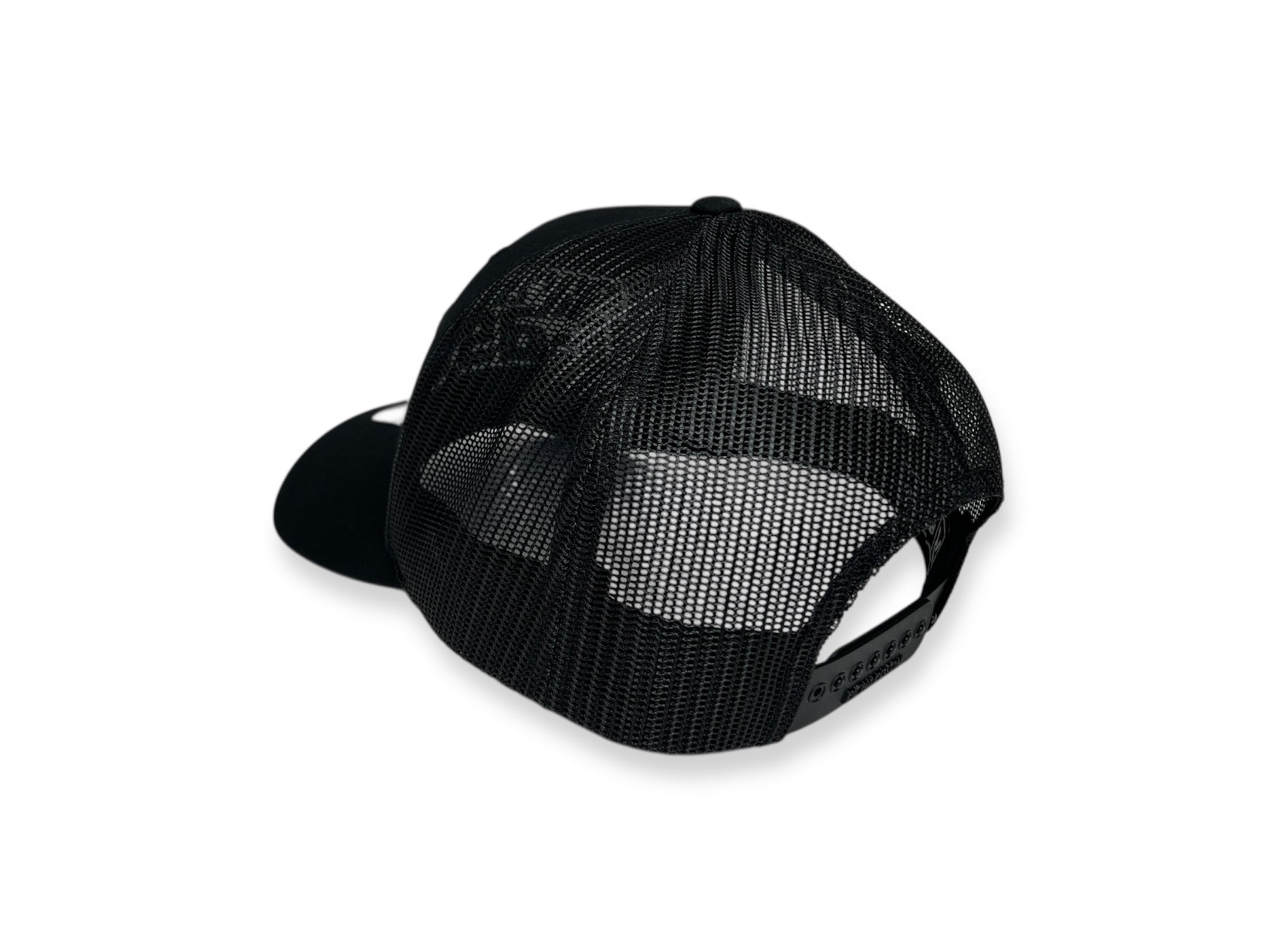 ortafast black-on-black "Jacked Up" logo trucker hat with curved bill, shown from rear side angle.