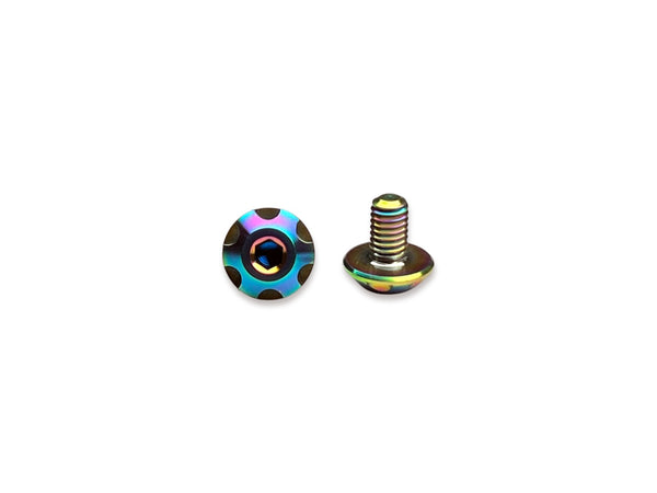 Sortafast Hexcix King Head M3 titanium screws in Oil Slick PVD finish with 7mm head, 2-pack.
