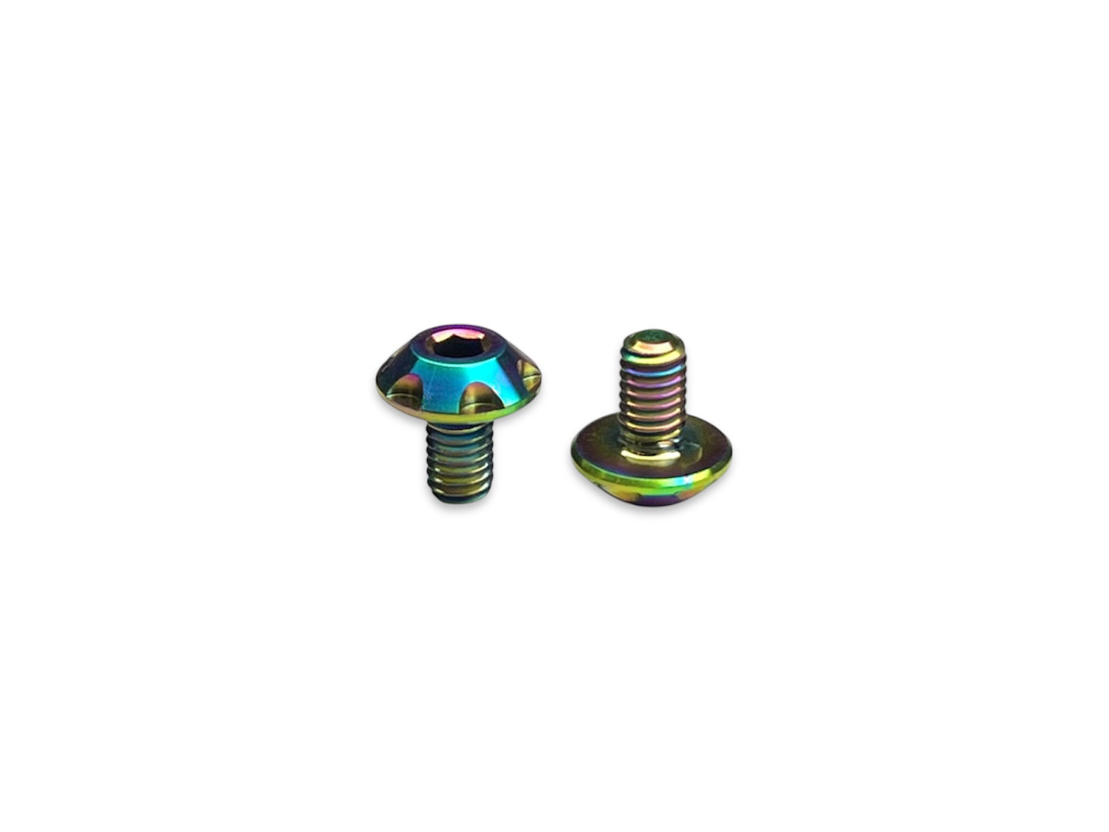 Sortafast Hexcix King Head M3 titanium screws in Oil Slick PVD finish with 7mm head, 2-pack.