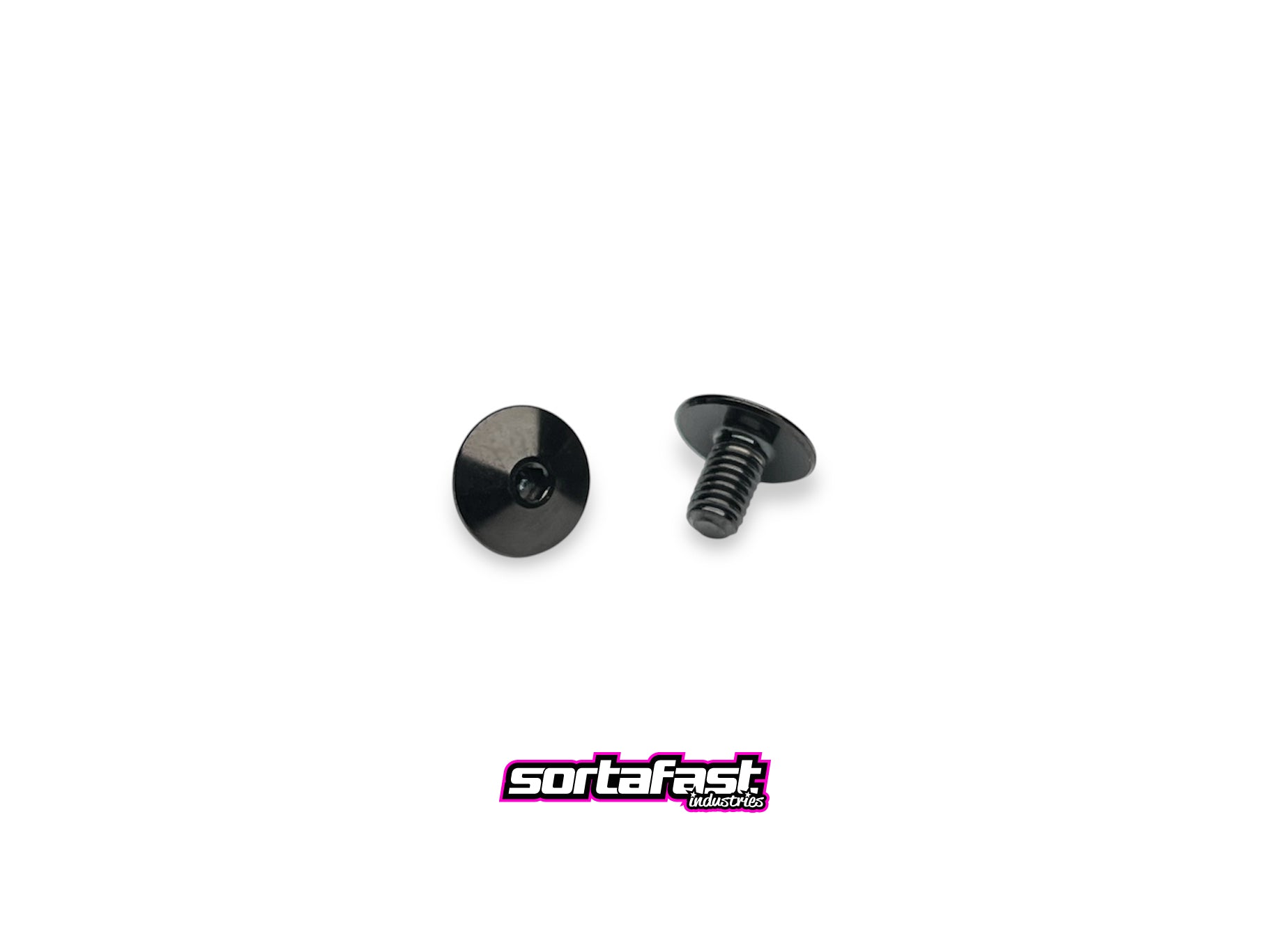 Sortafast M3 Lowrider King Head titanium screws – 2-pack in a stealth black finish, displayed on white background. Black low-profile RC hardware.