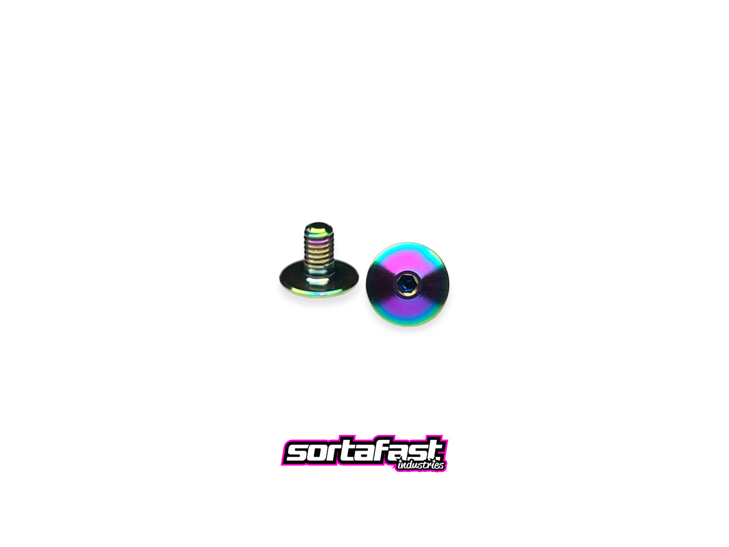 Sortafast M3 Lowrider King Head titanium screws – 2-pack in oil slick finish, displayed on white background. Colorful low-profile RC hardware.