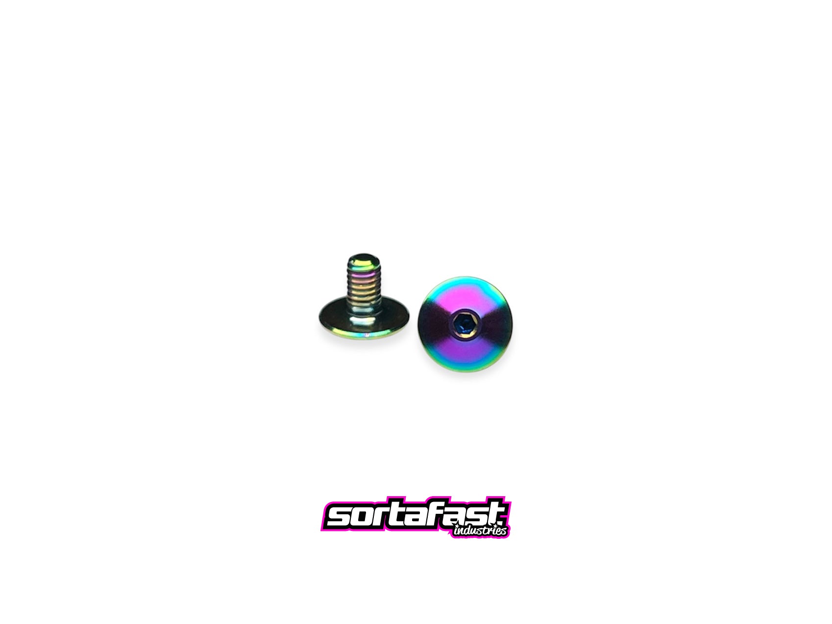 Sortafast M3 Lowrider King Head titanium screws – 2-pack in oil slick finish, displayed on white background. Colorful low-profile RC hardware.