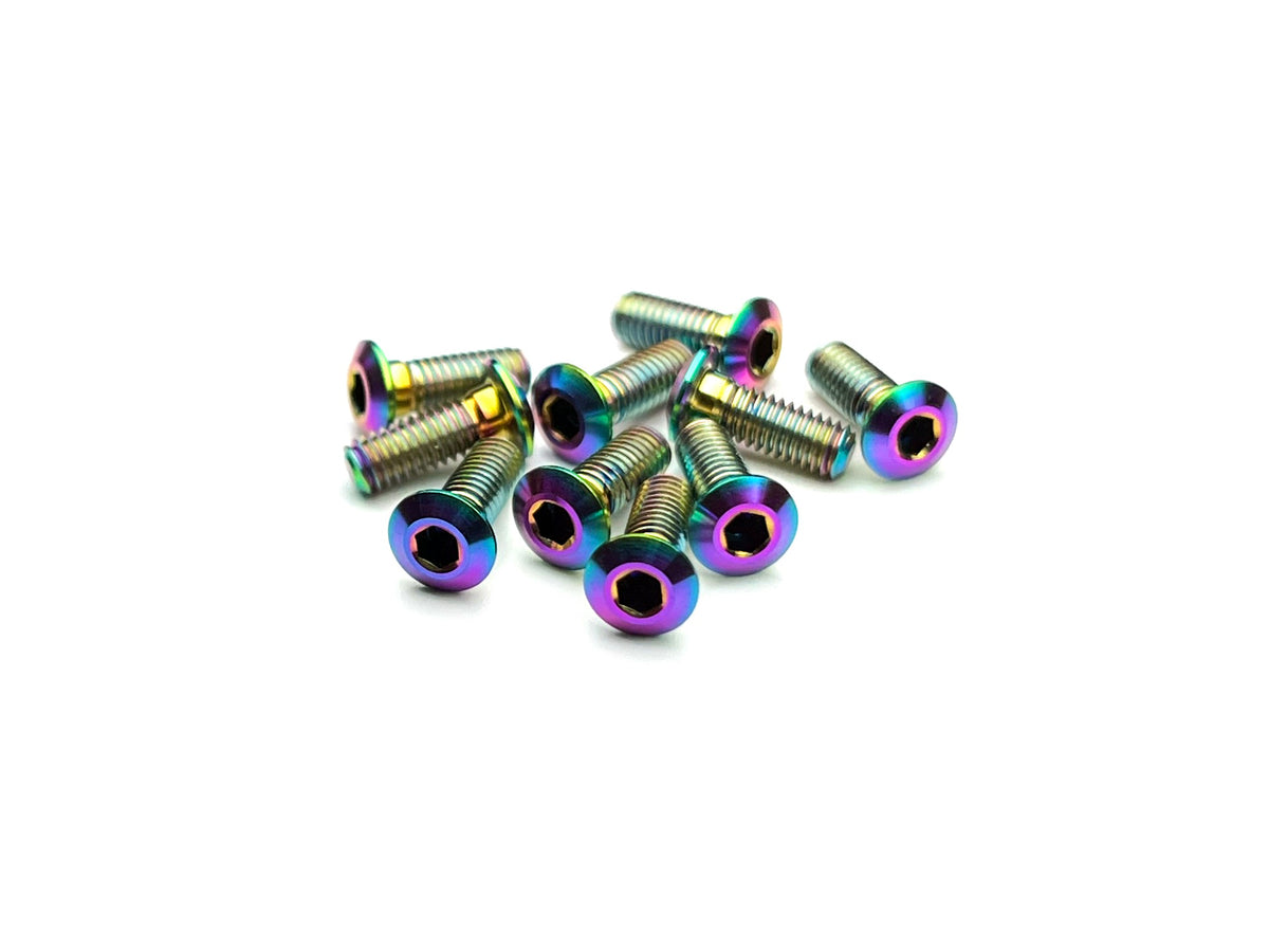 Sortafast Lowrider M3 titanium button head screws in Oil Slick PVD finish with 1.0 mm low-profile head, 10-pack.
