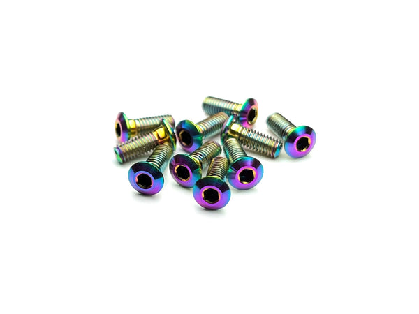 Sortafast Lowrider M3 titanium button head screws in Oil Slick PVD finish with 1.0 mm low-profile head, 10-pack.