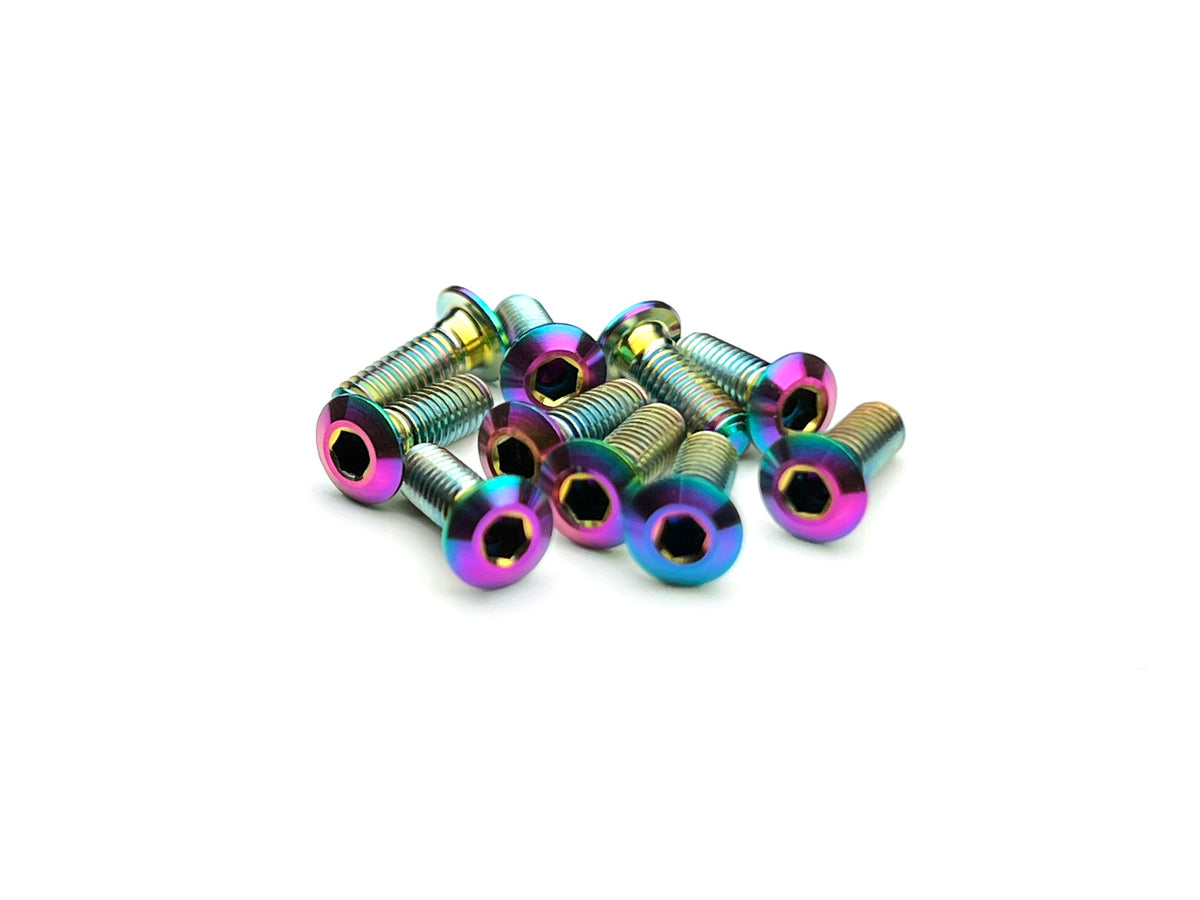 Sortafast Lowrider M3 titanium button head screws in Oil Slick PVD finish with 1.0 mm low-profile head, 10-pack.