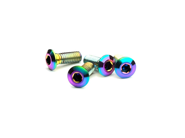 Sortafast Lowrider M3 titanium button head screws in Oil Slick PVD finish with 1.0 mm low-profile head, 4-pack.