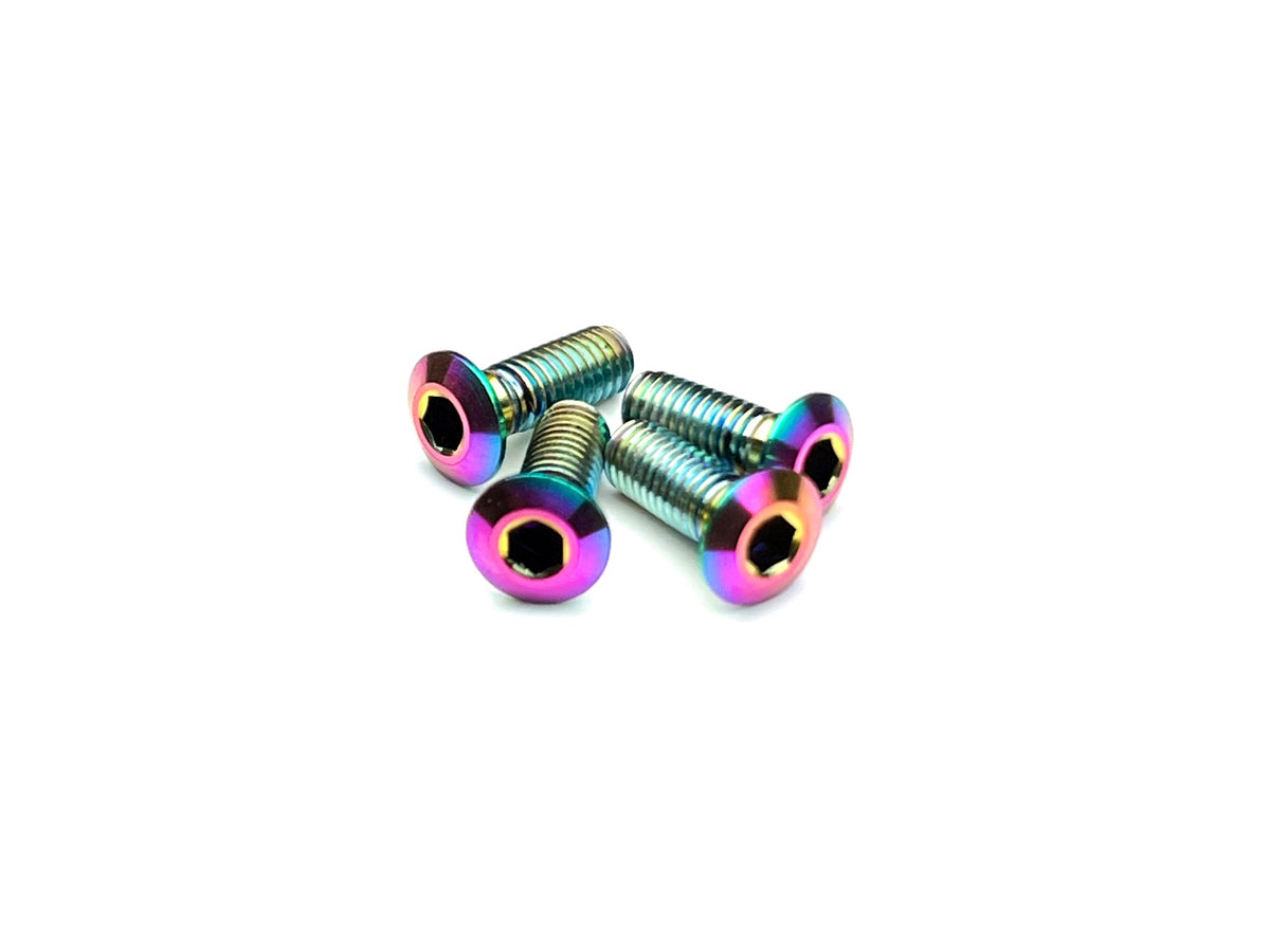 Sortafast Lowrider M3 titanium button head screws in Oil Slick PVD finish with 1.0 mm low-profile head, 4-pack.