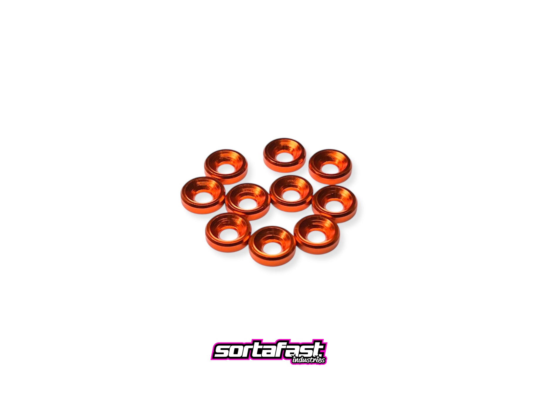 Orange aluminum M3 countersink washers on a white background with 'Sortafast' branding.
