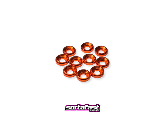 Orange aluminum M3 countersink washers on a white background with 'Sortafast' branding.