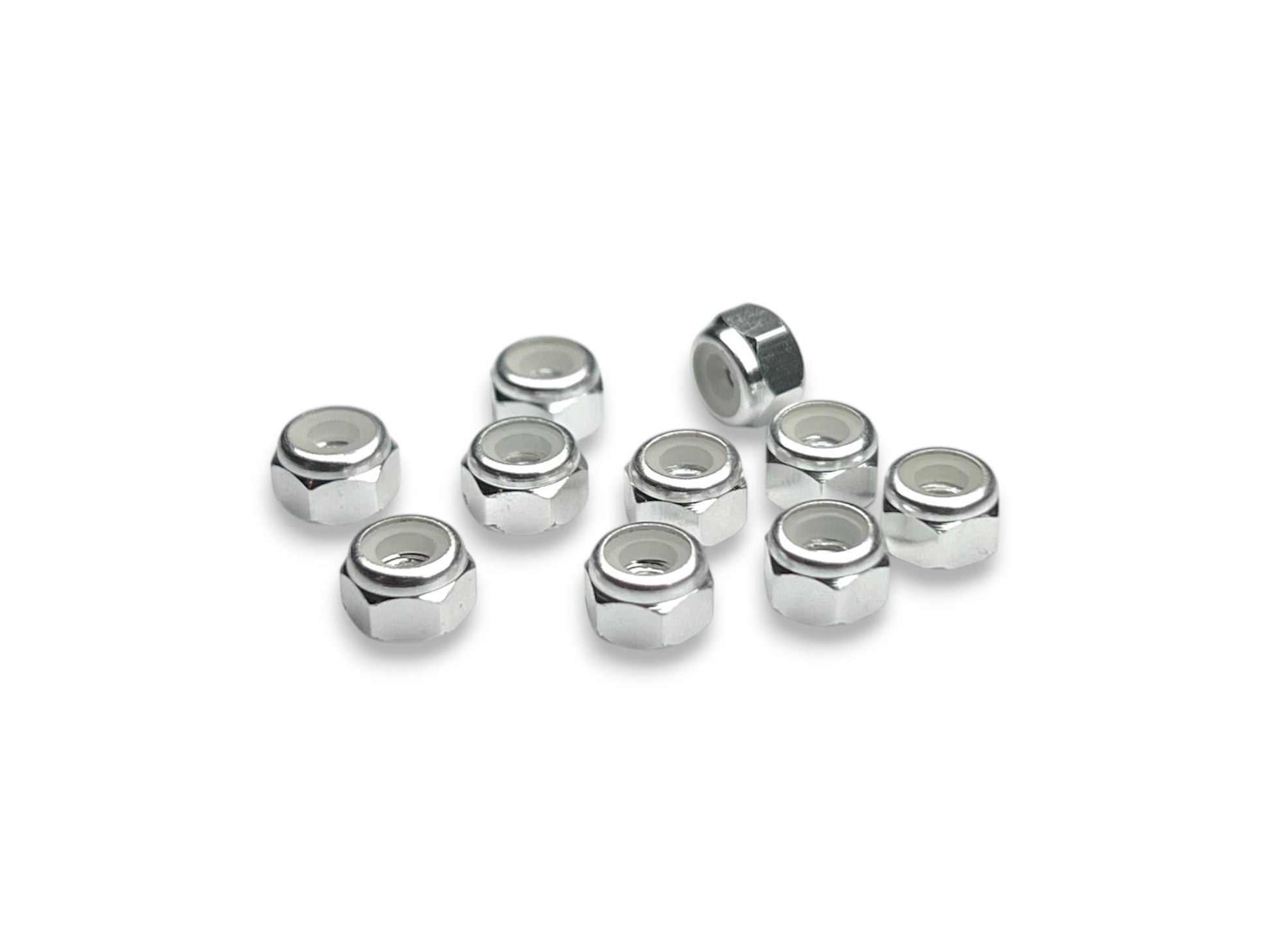 Sortafast M3 aluminum locknuts in natural clear anodized finish, 5.5mm hex, 10-piece pack.