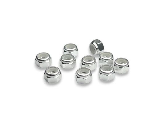 Sortafast M3 aluminum locknuts in natural clear anodized finish, 5.5mm hex, 10-piece pack.