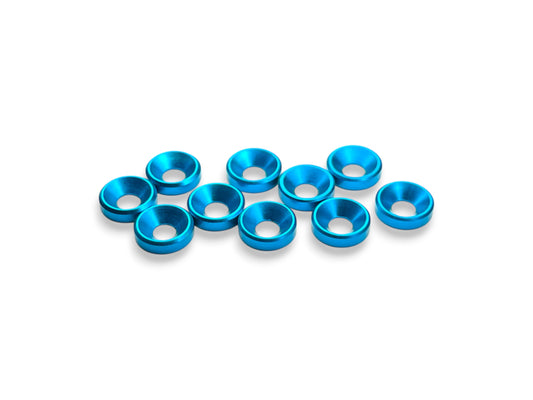Sortafast M3 aluminum countersink washers in bright blue anodized finish, 8mm OD, 10-piece pack.