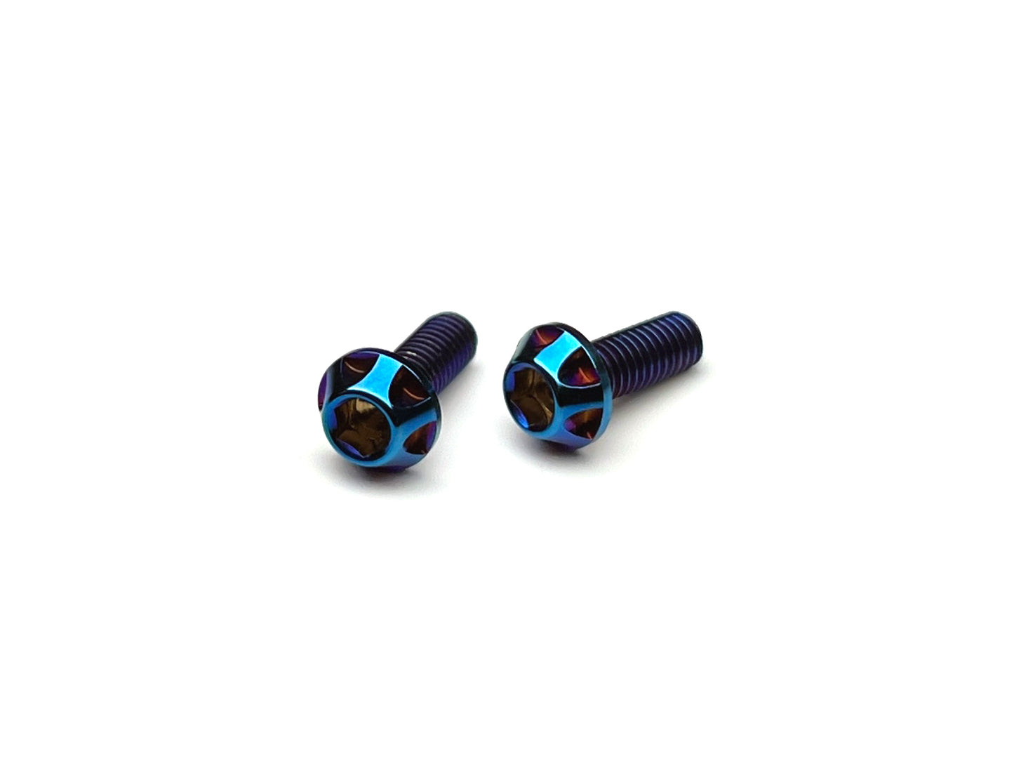 Sortafast Hexcix M3 x 8mm titanium motor screws in Burnt blue PVD finish with 6mm head, 2-pack.