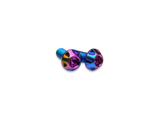 Sortafast Hexcix M3 titanium motor screws in Hyper Berry blue, purple, and gold anodized finish, 2-pack.