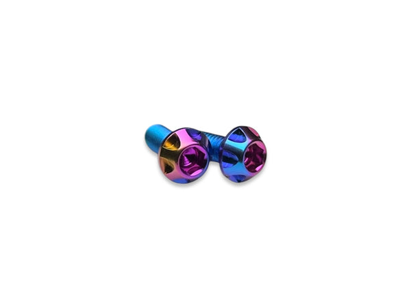 Sortafast Hexcix M3 titanium motor screws in Hyper Berry blue, purple, and gold anodized finish, 2-pack.