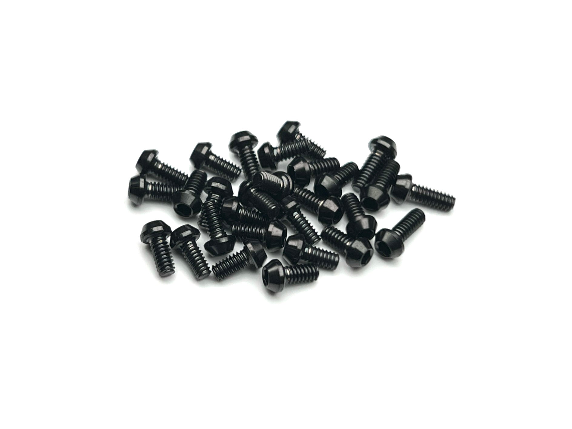 Stealth black titanium RC28 screw kit – 28-piece M2 button head set on white background