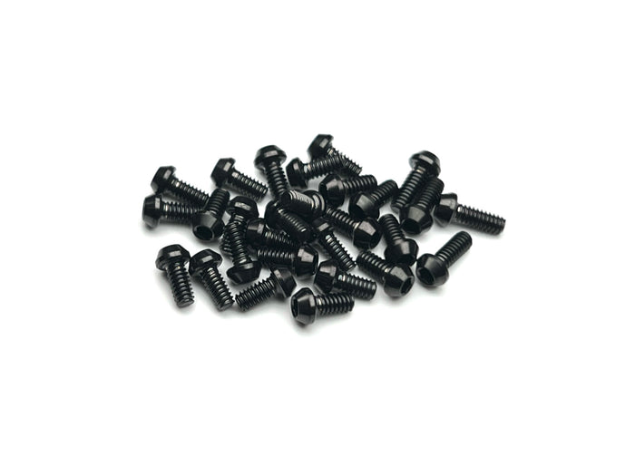 Stealth black titanium RC28 screw kit – 32-piece M2 button head set on white background