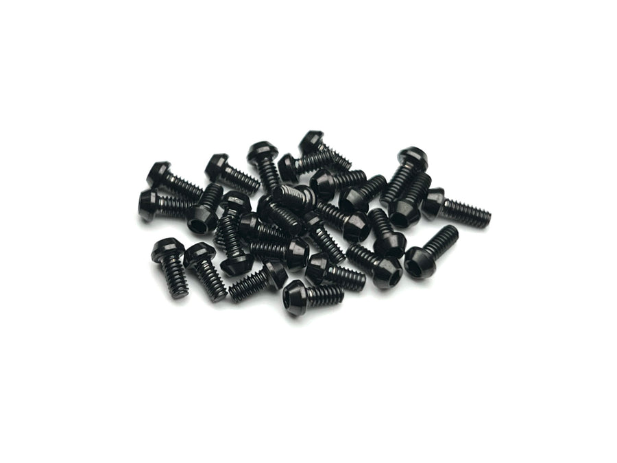 Stealth black titanium RC28 screw kit – 32-piece M2 button head set on white background