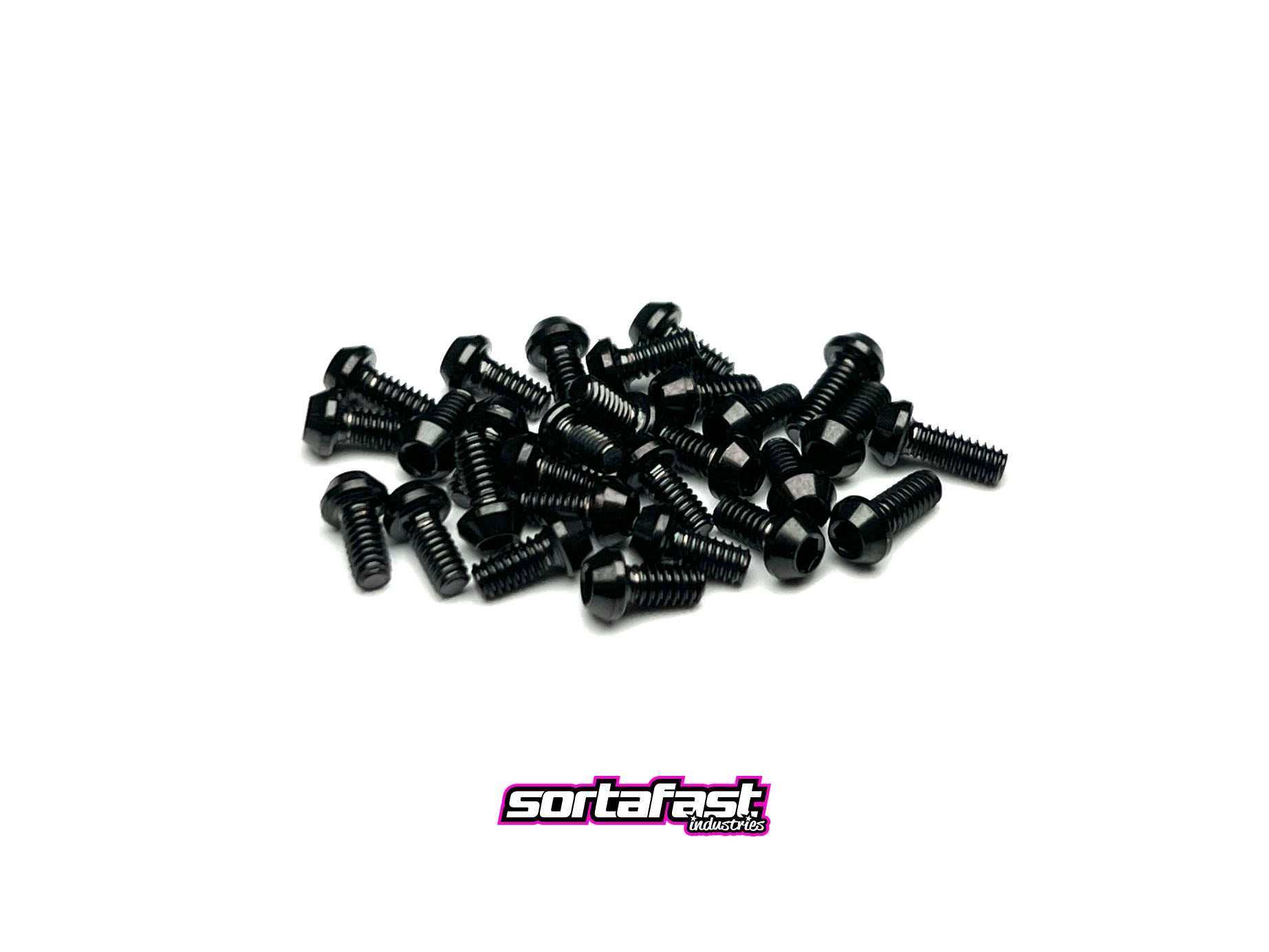 Stealth black titanium RC28 screw kit – 28-piece M2 button head set on white background