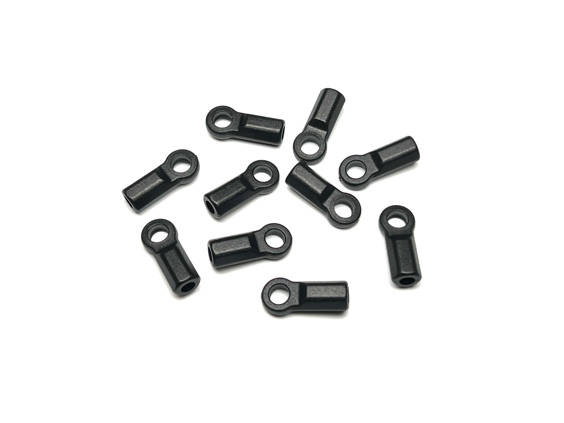 Set of ten Sortafast RC rod ends for 4.3mm ball studs shown on white background. 