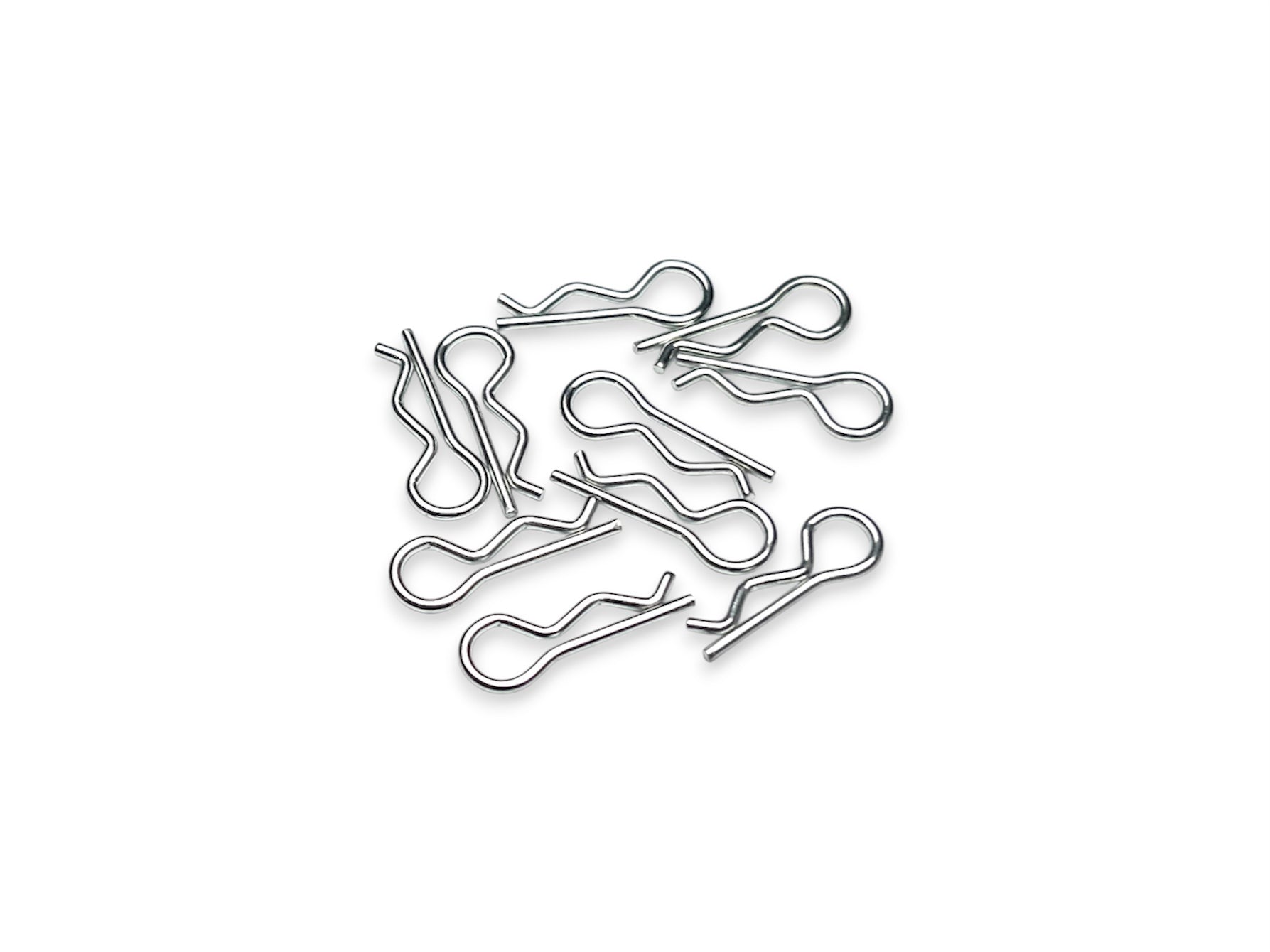 Sortafast small body clips – 10-pack bright coated steel clips with stylish finish for 1/16-scale RC cars, 1×16 mm size.
