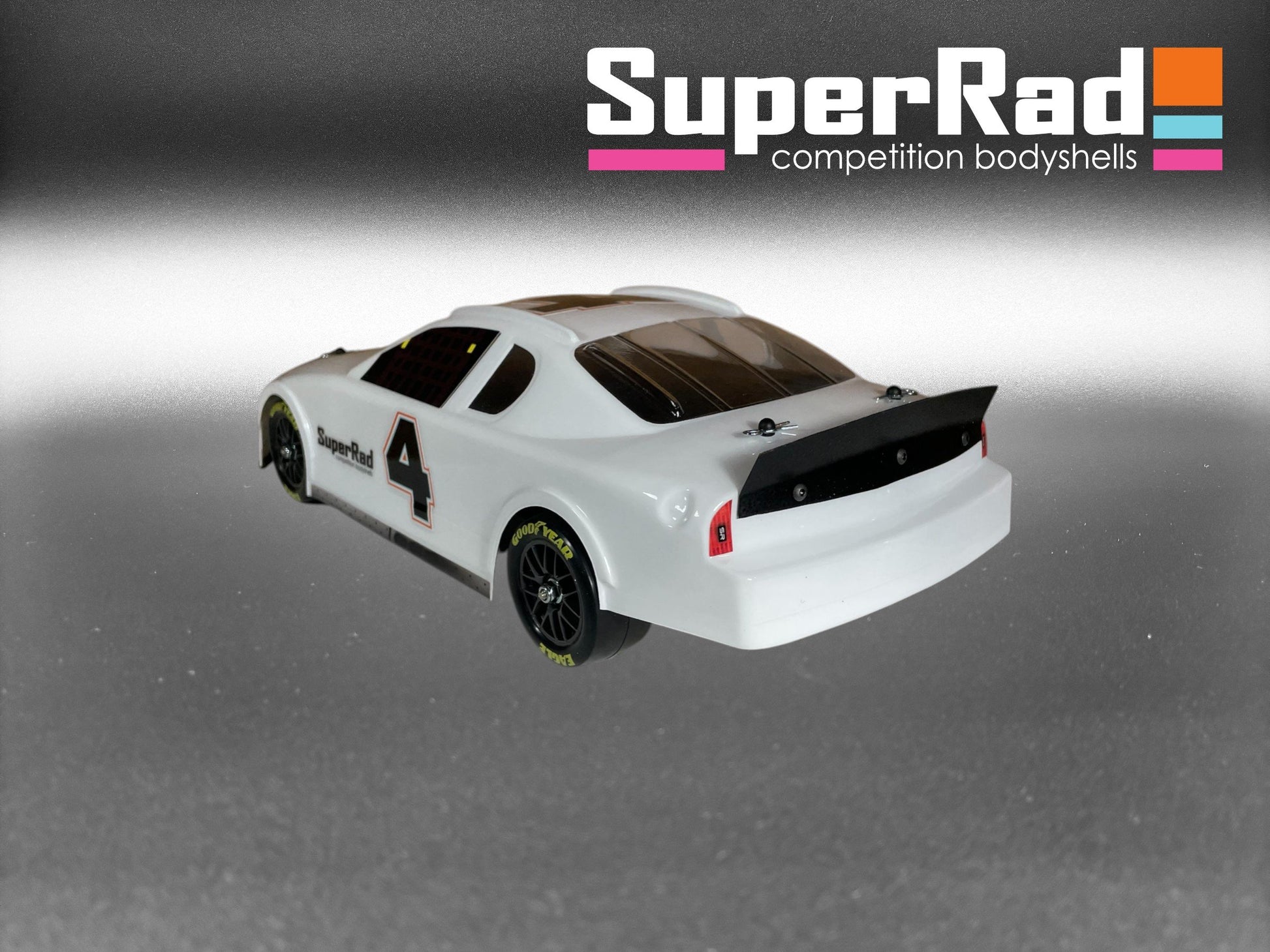 SuperRad SR-40 Stock car body for Losi NASCAR rear view on gradient background with SuperRad logo