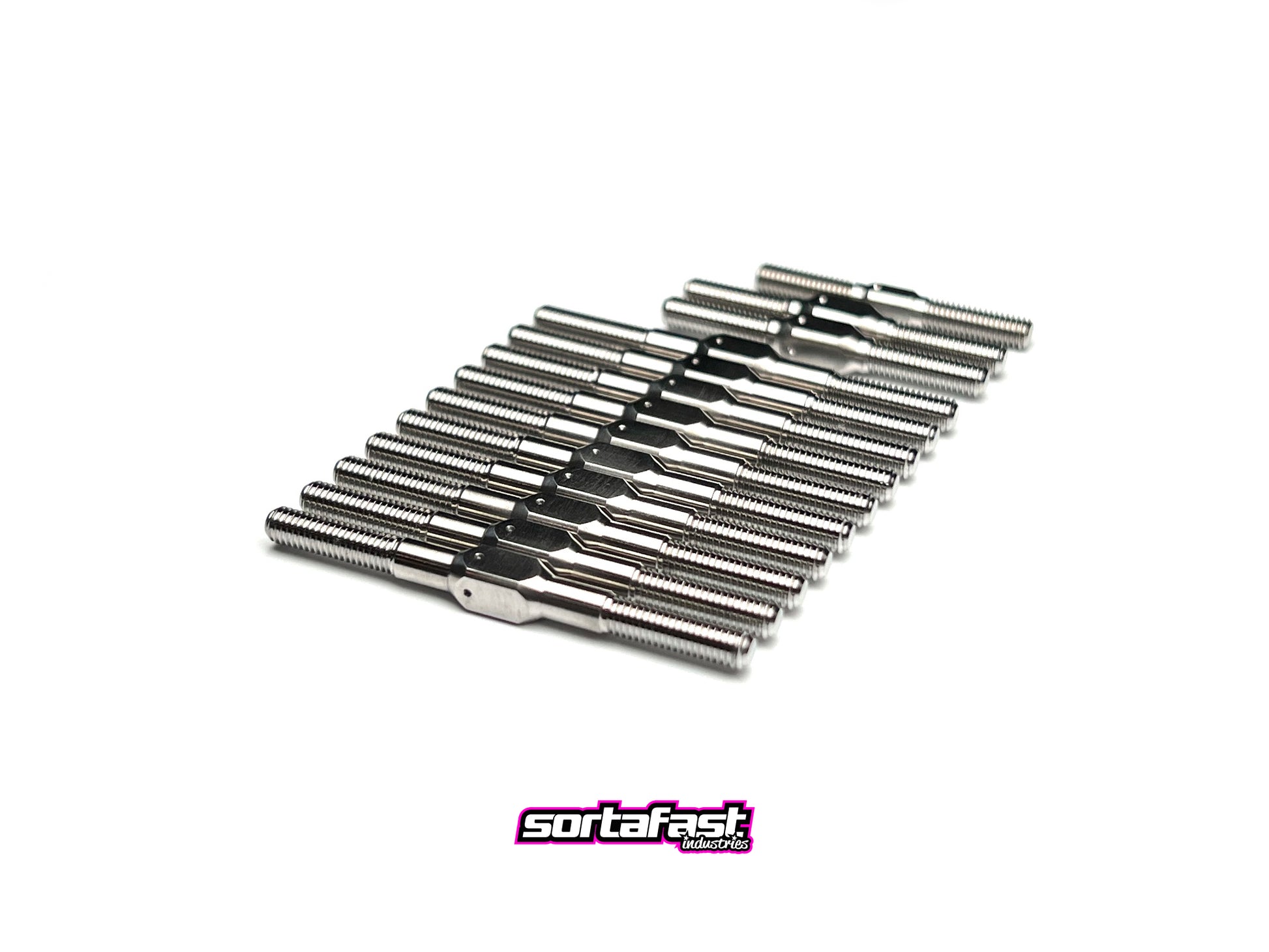 Close-up of Sortafast titanium turnbuckle kit with long upper “Hillbilly” links laid out on a white background with sortafast logo