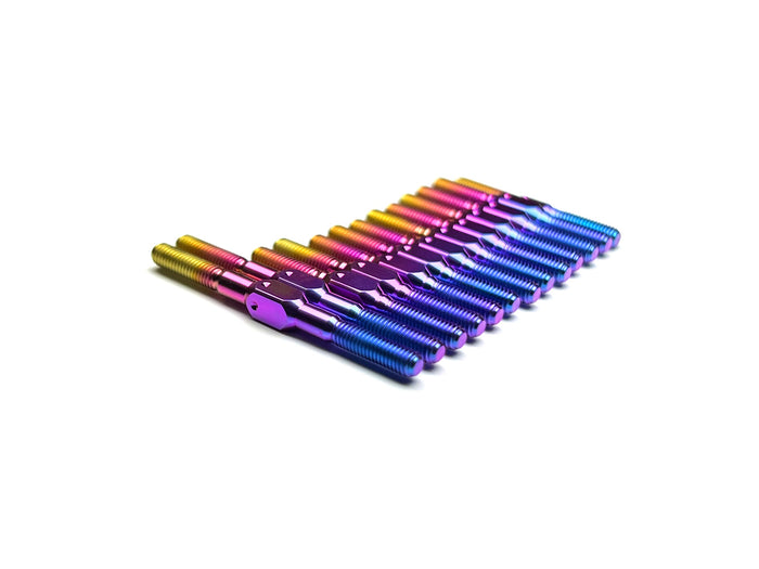 Sortafast titanium turnbuckles with upper links for the XRAY X4 touring car platform. 13pc set shown in muliti-color hyper berry anodized finish. 
