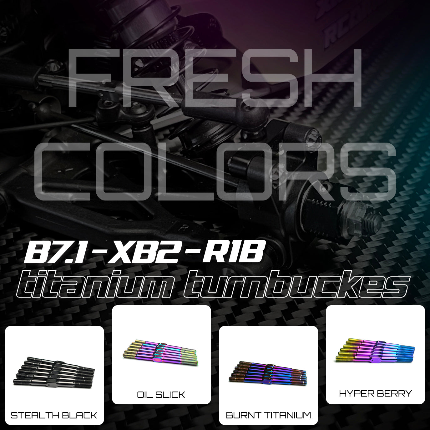 Promotional image of titanium turnbuckles with color options and text overlay.