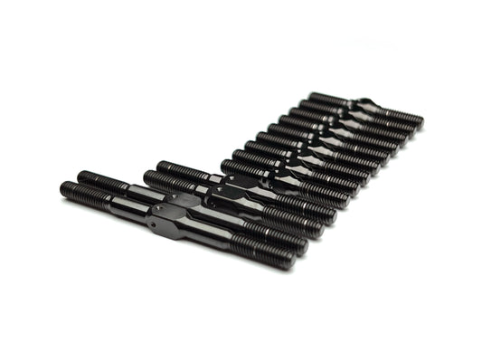 Sortafast Stealth Black titanium turnbuckle kit for Schumacher Mi9 and Mi8, 13-piece Grade 5 set with M3 threads and 4mm wrench flats.