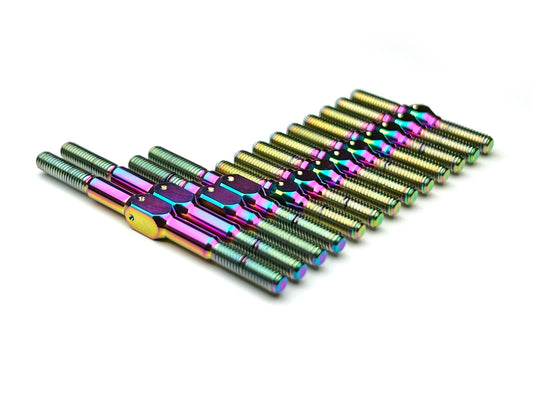 Sortafast Oil Slick titanium turnbuckle kit for Schumacher Mi9 and Mi8, 13-piece Grade 5 set with M3 threads and 4mm wrench flats.