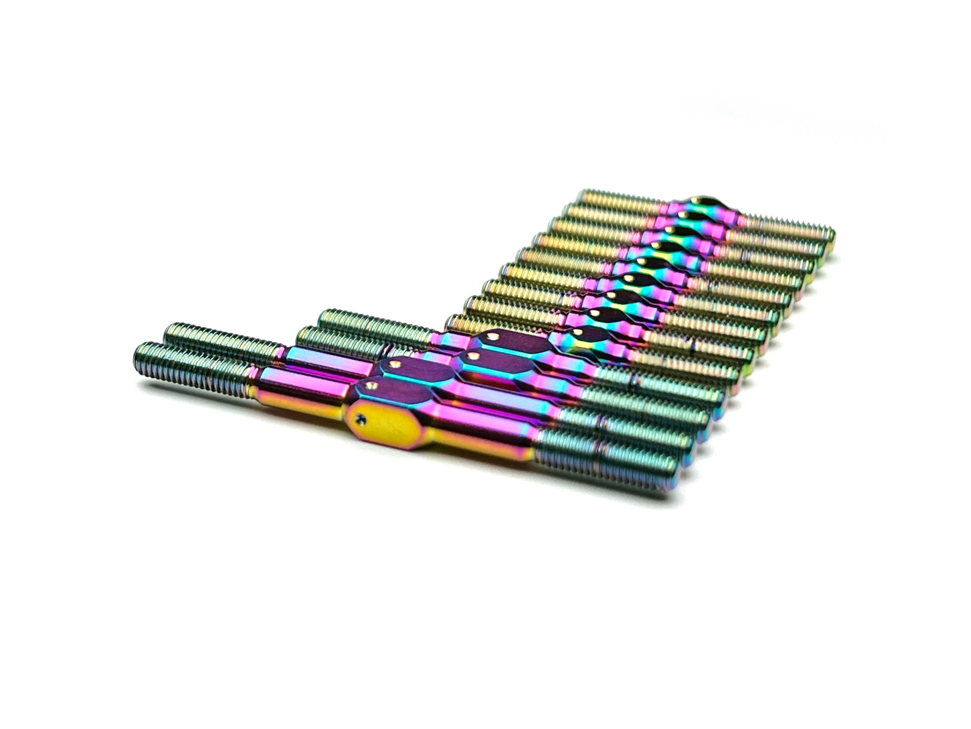 Sortafast Oil Slick titanium turnbuckle kit for Schumacher Mi9 and Mi8, 13-piece Grade 5 set with M3 threads and 4mm wrench flats.