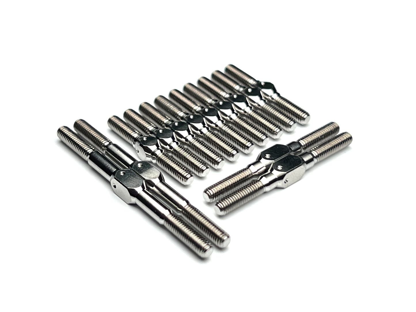 Sortafast titanium turnbuckle kit for Schumacher Mi9 and Mi8, 13-piece Grade 5 set with M3 threads and 4mm wrench flats.