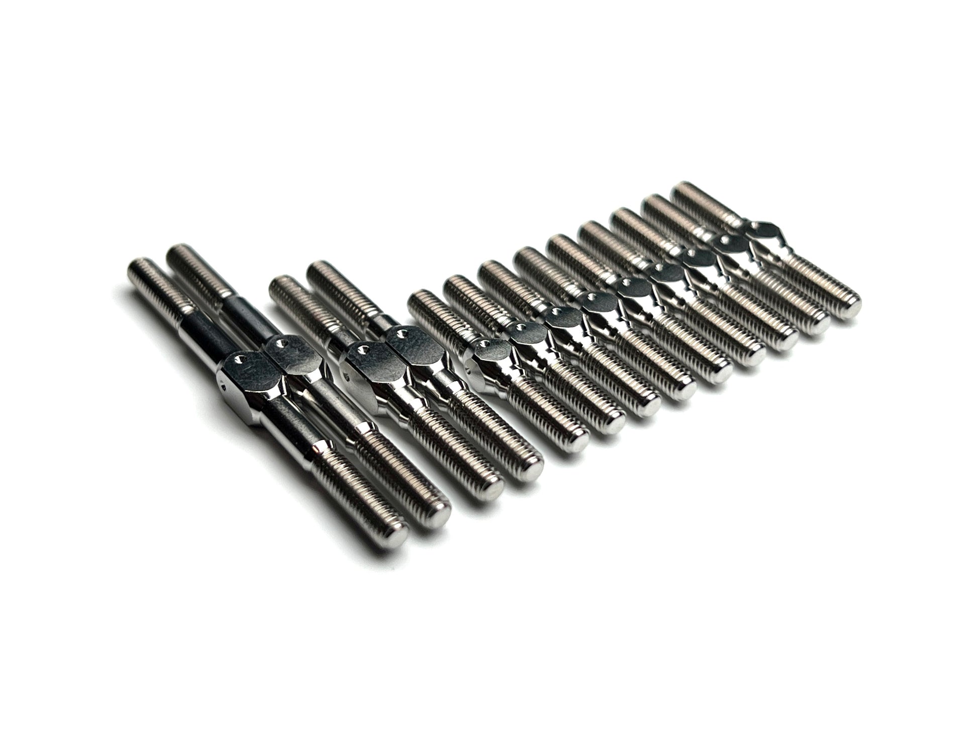 Sortafast titanium turnbuckle kit for Schumacher Mi9 and Mi8, 13-piece Grade 5 set with M3 threads and 4mm wrench flats.