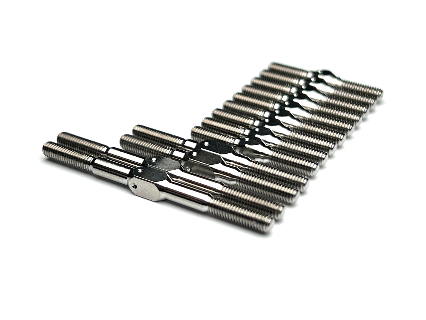 Sortafast titanium turnbuckle kit for Schumacher Mi10, Mi9 and Mi8 touring cars, 13-piece Grade 5 set with M3 threads and 4mm wrench flats.